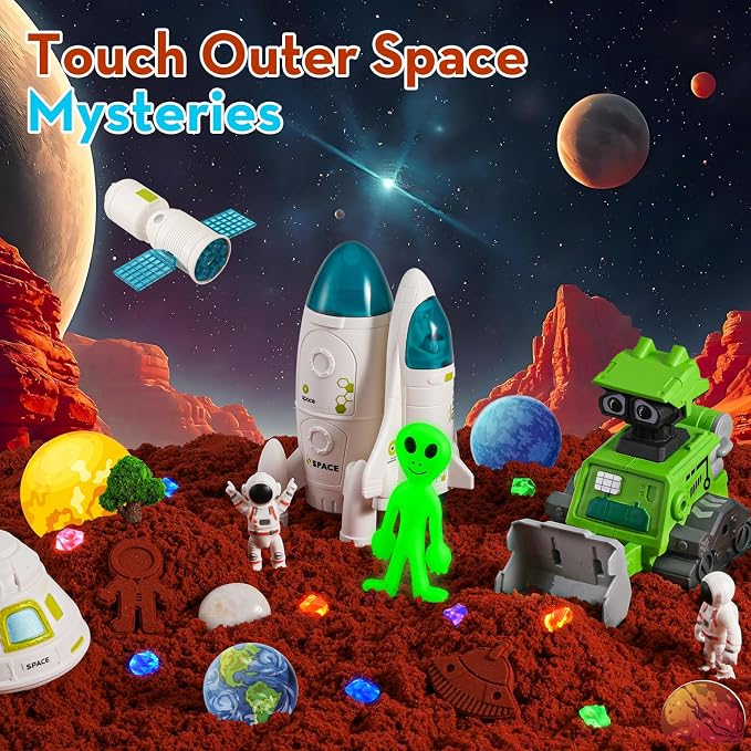 KNASON Outer Space Sensory Bin with Glow in The Dark Alien and Gems for Boy | 2.2lbs Sensory Play Sand Kit, Sandbox with Lid, Planets and Space Toys, Bulldozer, Gift for Kids Ages 3-8, Indoor and Outdoor