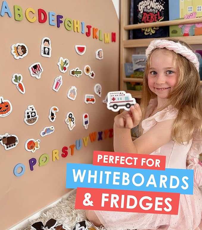 Curious Columbus Magnetic Objects and Letters, Foam Fridge Magnets for Kids | 52 Pictures and 26 Uppercase Alphabet Magnets from A-Z, Educational Toy for Preschool Learning, Full Magnetic Backing