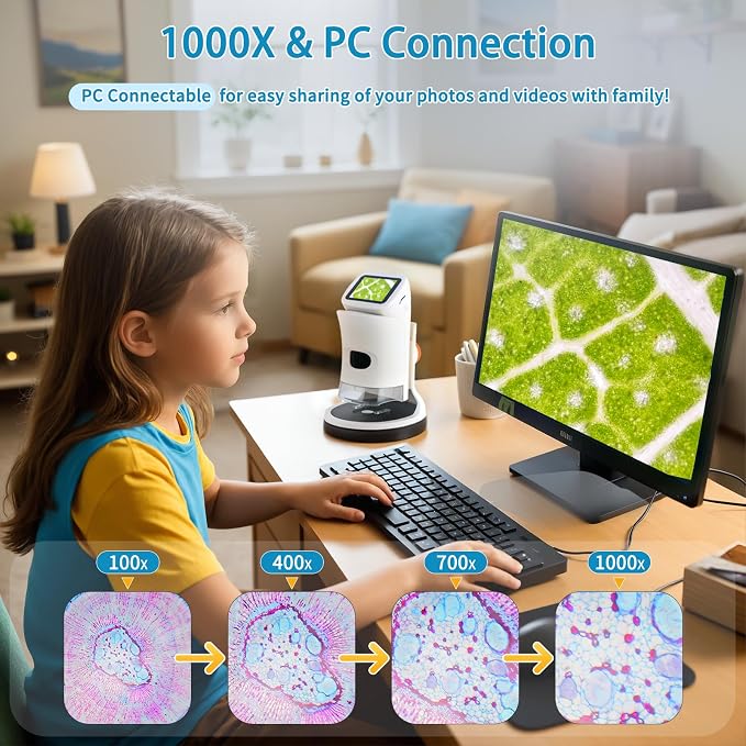 Microscope for Kids,1000X Magnification.Digital Microscope with 1080p 2" HD Screen,Photo & Video Recording,USB Rechargeable.Microscope for Kids 8-12