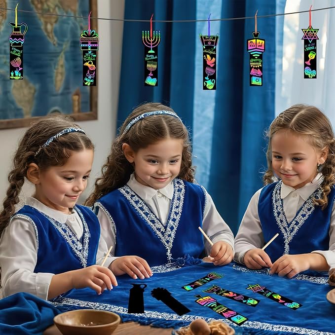 JUNEBRUSHS Scratch Bookmarks, Rainbow Magic Scratch Paper Art DIY Crafts Kit for Classroom Activity Gifts (Hanukkah Style)