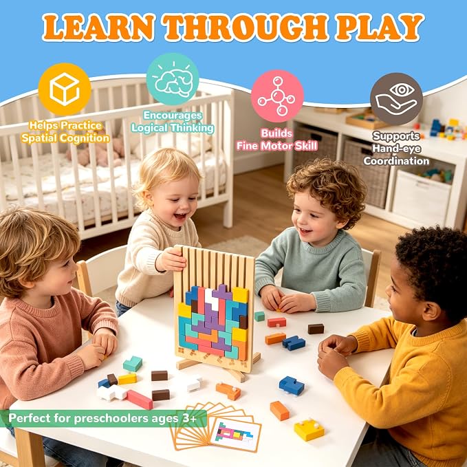 Montessori Wooden Stacking Puzzle Toy, 3D Color Stack Game for Kids Ages 3+ | 42 Solid Wood Blocks Puzzle, Smooth Edges, Logic Development, Brain Teaser, Giant Stacking Challenge Game, Preschool, Family