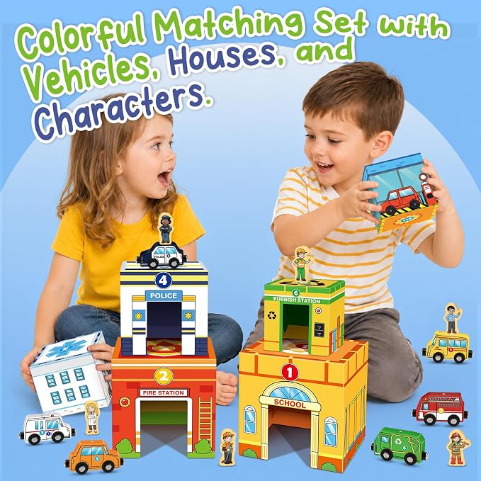 Magnetic Wooden Vehicles & STEM Sorting Blocks – Montessori Toys Age 3+ | Cars&Community Helpers;Sorting&Stacking Toys;Educational Learning Gifts for Kids;Preschool Kindergarten Classroom
