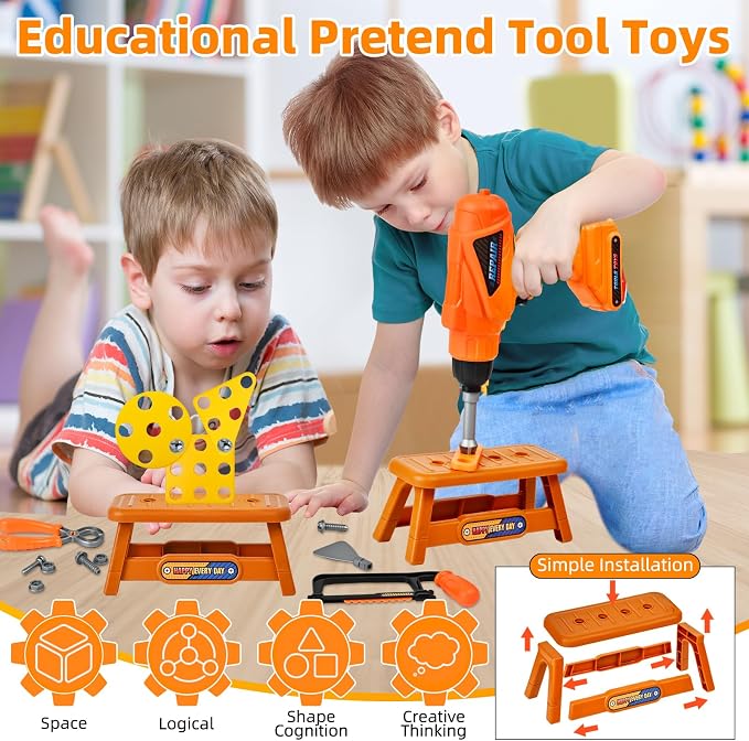 48 PCS Realistic Kids Tool Set with Hard Toolbox & Battery Powered Toy Drill, Pretend Play Toddler Tool Kit Construction Toys with Hard Hat for Boys & Girls Age 3-8