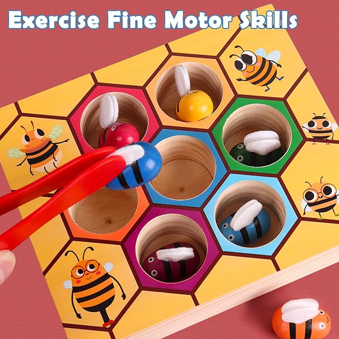 Toddler Fine Motor Skill Toy, Bee to Hive Matching Game, Montessori Wooden Color Sorting Matching Toy, Preschool Educational Learning Toys Gift for Toddler 3 Years Old