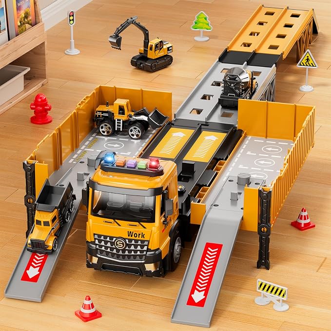 Carrier Truck Race Track Boy Toddlers Toys, Truck Toys for Toddlers 3-5 5-7, Toy Transport Car with Tower Crane Light & Sound, Excavators Cars Gifts for Age 3 4 5 6 7 Years Old Boys Girls