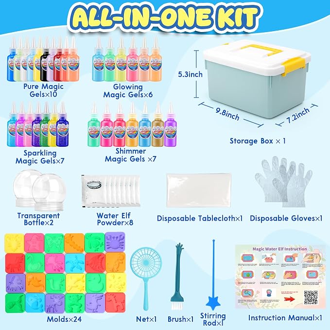 Nisuez Magic Water Elf Toy Kit with 30 Color Gels & 24 Molds, DIY Water Gel Making Kit, Make Your Own Squishies & Water Pets, Sensory Craft Kit, Birthday Gifts & Party Favors for Kids Ages 3+
