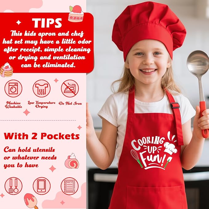 R HORSE Kid Apron and Chef Hat Set 2Pcs Adjustable Red Cooking Children Kitchen Apron, Waterproof Dress up Role Play Chef Toy Funny Cooking Baking Painting and Training Kit for Kid Birthday Party Gift
