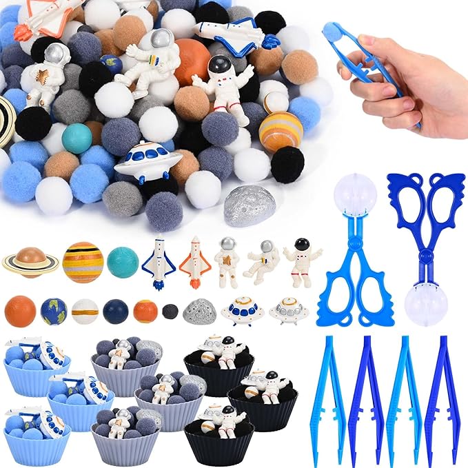 Sanixn 152 Pcs Space Sensory Bin Fillers Outer Space Fine Motor Skills Astronauts Sensory Bin Item Pompoms Cups Tweezers Scissor Clips for Preschool Education Activities Sorting Counting(Space)