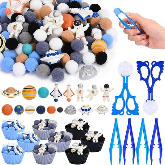 Sanixn 152 Pcs Space Sensory Bin Fillers Outer Space Fine Motor Skills Astronauts Sensory Bin Item Pompoms Cups Tweezers Scissor Clips for Preschool Education Activities Sorting Counting(Space)