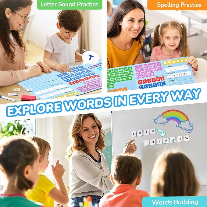 JoyCat 265 Phonics Magnetic Letter Tiles, ABC Word Building Kit with Folder | 265 phonics letter tiles with word-building folder help kids for preschool classrooms and homeschool learning.
