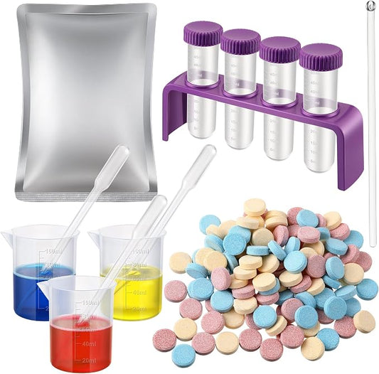 Color Science Kit, 120 Fizzing Tablets, Test Tubes and Beakers | Red, Yellow and Blue Tablets, Mix 3 Primary Colors, 4 Test Tubes, 3 Beakers, 3 Droppers, Stirring Stick