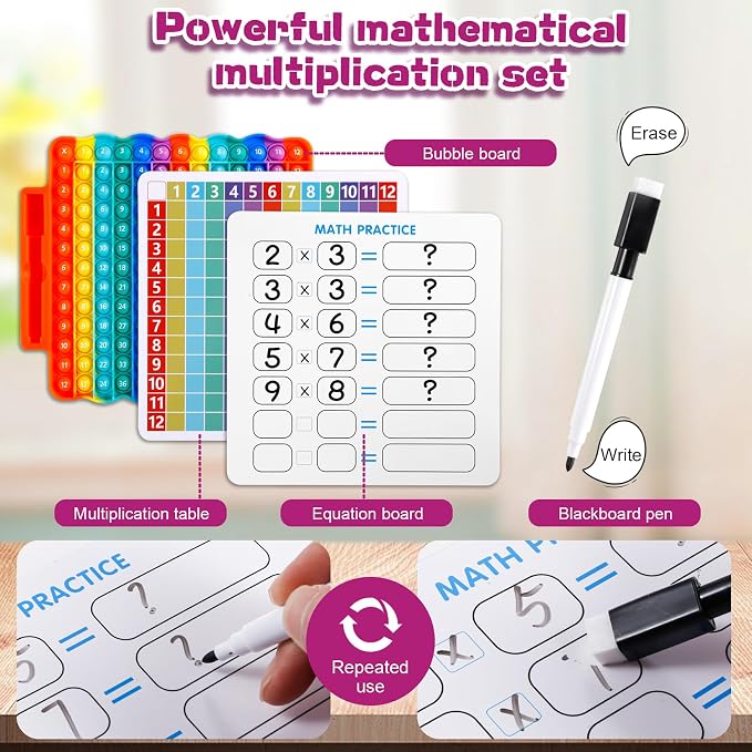 e3 Multiplication Table Game Pop Fidget Learning Toy Educational Math Game Board with Marker Rainbow Colors Educational Multiplication pop 12x12 Board Math Addition Stress Toy