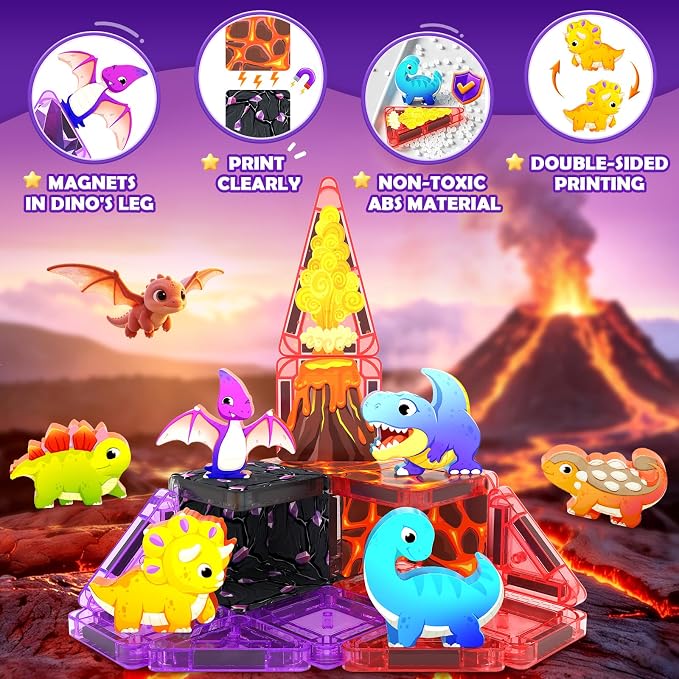 Mini Magnetic Tiles Kids Dinosaur Toys, Magnetic Blocks with 6 Dinosaurs | Road Trip Essentials for Car & Airplane Magnet Tiles STEM Construction Building Toys, Gifts & Toys for Boys Girls Ages 3-12