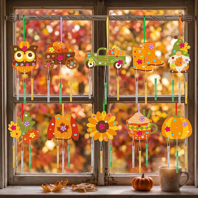 JellyArch 30 Pack Wind Chime Craft Kit Fall Harvest Wooden DIY for Adults | 10 Designs with Bells Paints, Bulk Party Favors Kids, Ocean Summer Crafts, Birthday Decoration Maple Leaf Ornaments