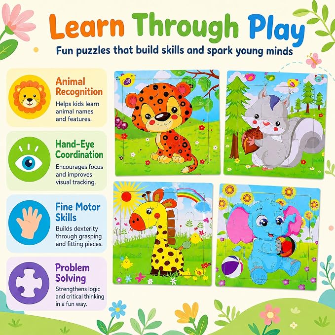 NASHRIO Wooden Puzzles for Toddlers Age 3-5, 8 Pack Animal and Dinosaur Jigsaw Puzzles, Preschool Educational Toys, Wooden Puzzle Set for Boys Girls Kids Age 3 4 5