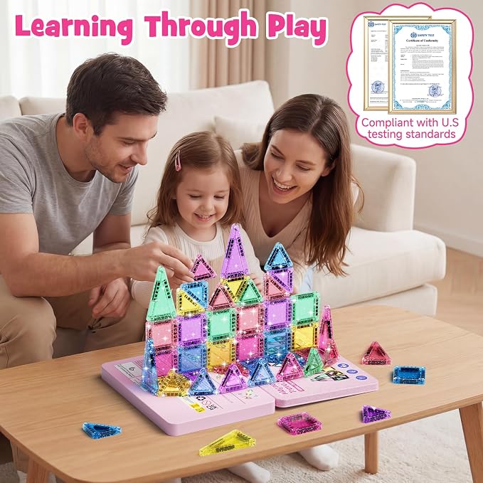 WMXDU 42-Piece Glitter Magnetic Tiles Travel Set with Pink Metal Box - Portable STEM Building Blocks for Kids Ages 3-8 Boys & Girls STEM Montessori Educational Toys for Airplane Car Rides