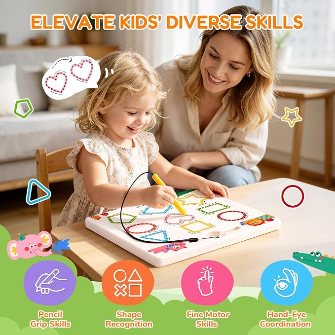 JoyCat Magnetic Animal Shapes and Lines Tracing Board, Pencil Control Toy | 2-in-1 double-sided toy builds pencil control for toddlers; preschool learning and road trip car activities for kids.