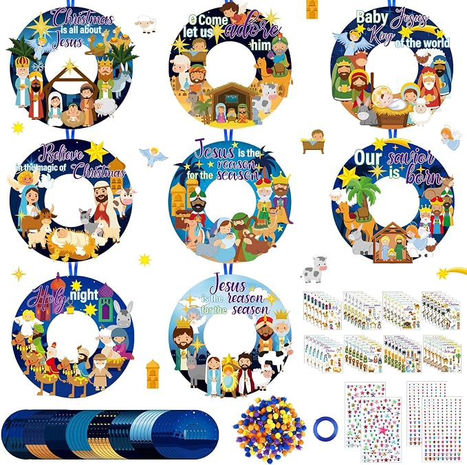 Hollowfly 48 Set Christmas Nativity DIY Wreath Craft Kits Xmas Activities | 8 Unique Jesus Nativity Scene Designs, Ideal Holy Night Decor, Sunday School Crafts & Christmas Religious Party Favors