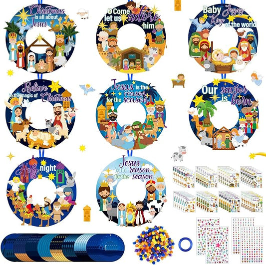 Hollowfly 48 Set Christmas Nativity DIY Wreath Craft Kits Xmas Activities | 8 Unique Jesus Nativity Scene Designs, Ideal Holy Night Decor, Sunday School Crafts & Christmas Religious Party Favors