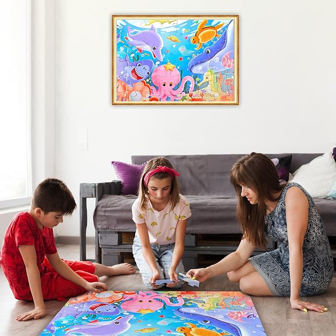 Jumbo Floor Puzzle for Kids,48 Piece Underwater Jigsaw Puzzle Ages 3-8 | Underwater Animal Puzzle,Extra-thick Cardboard,Preschool Learning Toy,35x24 in Completed,Educational Gift for Boys and Girls