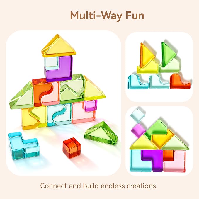 Rainbow Building Blocks for Kids, Montessori Color Matching Block Toys 3-6 | 18 PCS Acrylic Color Sorting Game, Montessori Stacking Toy for 3 4 5 6 Year Old,Educational STEM Creative Toys for Boy Girl