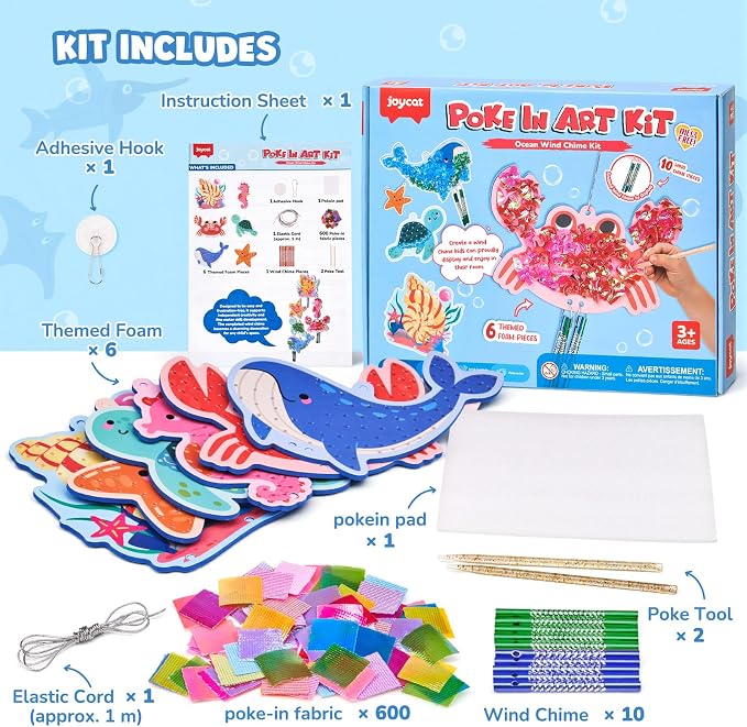 JoyCat Poke Art Wind Chime Craft Kit for Kids, 6 Ocean Figures | Poke colorful fabric into 6 ocean figures, then add chime pieces to create hanging room decor with gentle sound.