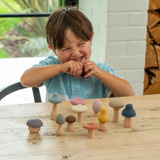 tickit SiliSoft Woodland Mushroom Set | 12 Soft Silicone & Wooden Mushrooms for Sensory Play, Motor Skills & Imaginative Small-World Adventures