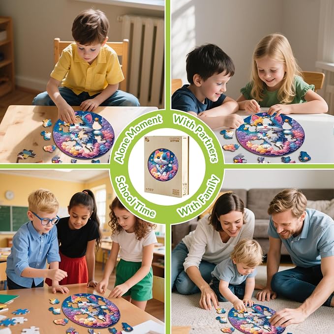 Rainbow Wooden Puzzles for Kids - Celestial Kitten | 50 Piece Puzzles for Kids Ages 6-8, Kids Puzzles with Unique Animal Shapes, Round Gift for Girls and Boys (11.4 * 11.4 in)