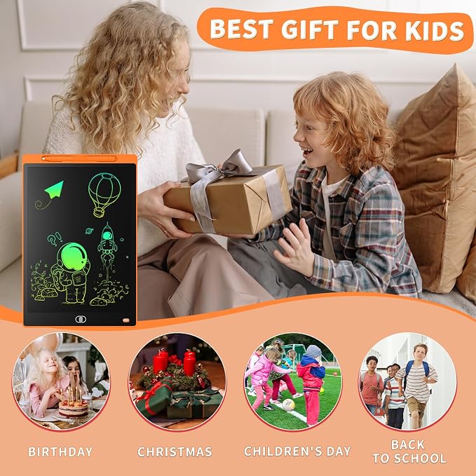 Genialba LCD Writing Board 10 Inches, Colourful Electronic Tablet, Portable Erasable Drawing Board, Graphic Tablet for Children's Games 3 4 5 6 7 Year Old Kid Boys Girls (Orange)