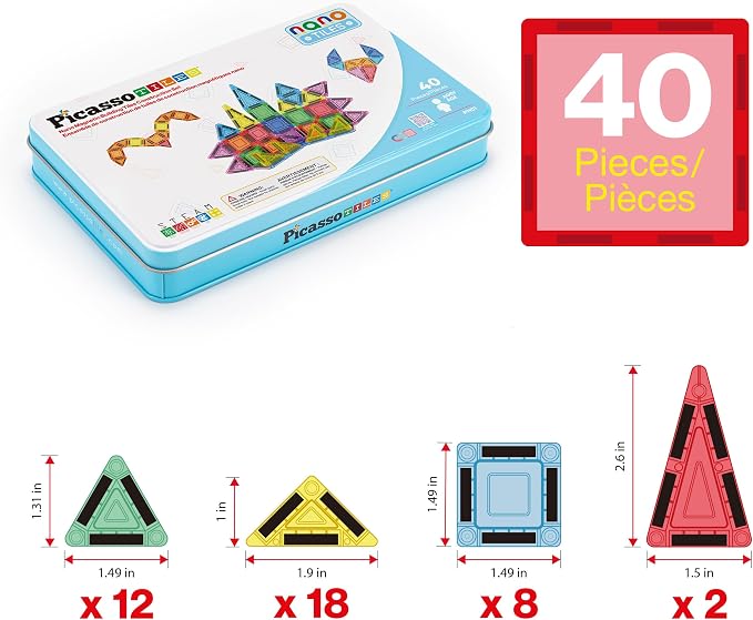 PicassoTiles 40 PCS Mini Magnetic Tiles Travel Toy Educational Building Set | BPA-free plastic construction, age 3+ STEM learning, hand-eye coordination, compact storage box, portable geometric blocks