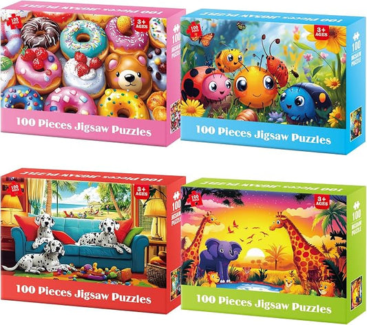 4 Packs 100 Piece Puzzles for Kids Ages 4-6 6-8 8-10, Cute Donuts & Insects & Dalmatians & Animals Educational Jigsaw Puzzles, Birthday Xmas Gifts for Boys Girls Teens Adults Kids Puzzles 4-6 5-8