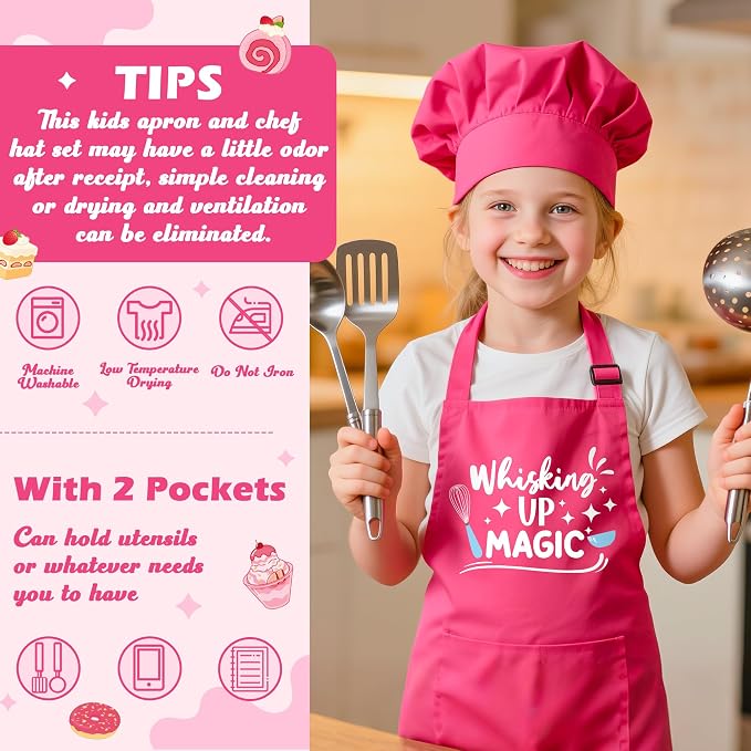 R HORSE Kid Apron and Chef Hat Set 2Pcs Adjustable Rose Pink Children Kitchen Apron, Waterproof Dress up Role Play Chef Toy Funny Cooking Baking Painting and Training Kits for Kids Birthday Party Gift