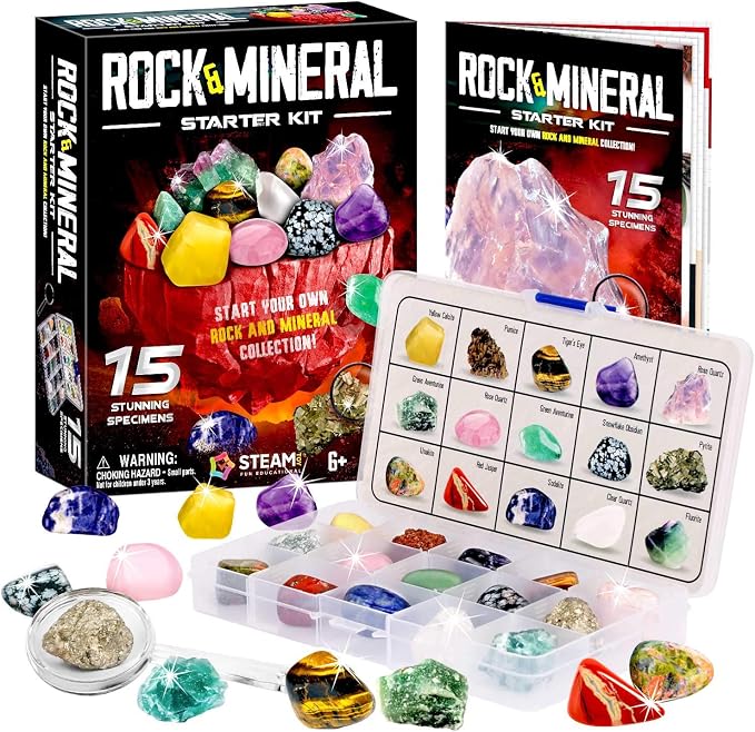 Rock Collection Box, 15 Real Gems & Crystals, STEM Kit 6-12 | Genuine GEmstones Specimens with ID Sheet & Guide, Magnifier for Close-Up Study, Perfect for Home & Classroom Learning