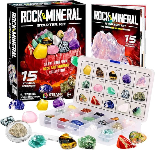 Rock Collection Box, 15 Real Gems & Crystals, STEM Kit 6-12 | Genuine GEmstones Specimens with ID Sheet & Guide, Magnifier for Close-Up Study, Perfect for Home & Classroom Learning