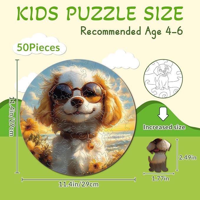 Animal Wooden Puzzles for Kids - Sunny Puppy | 50 Piece Puzzles for Kids Ages 6-8, Kids Puzzles with Unique Animal Shapes, Round Gift for Girls and Boys (11.4 * 11.4 in)