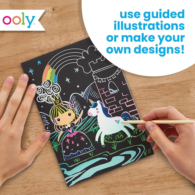Ooly Scratch & Scribble Art Kit, 8 Cards, Sticker Sheet – Princess Garden | Ages 6+, Wooden Stylus and Stickers Included, Screen-Free Portable Car and Airplane Travel Activity, Gift for Kids