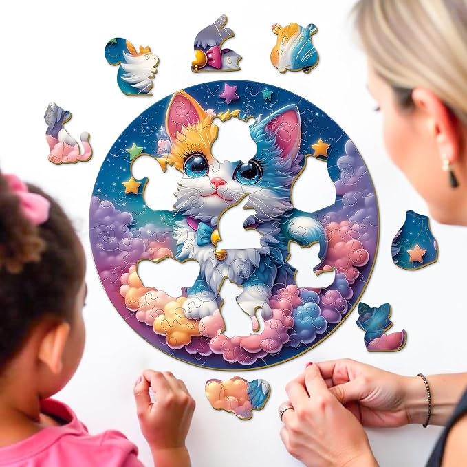 Rainbow Wooden Puzzles for Kids - Celestial Kitten | 50 Piece Puzzles for Kids Ages 6-8, Kids Puzzles with Unique Animal Shapes, Round Gift for Girls and Boys (11.4 * 11.4 in)