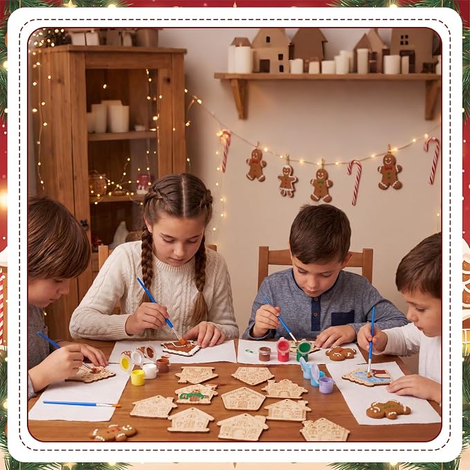 Saypacck 24 Pcs Gingerbread House Party Favors Wooden Paint Craft Kits | 8 Christmas Gingerbread House Crafts, Paintbrush Organza Bags, Christmas Stocking Stuffer Gifts