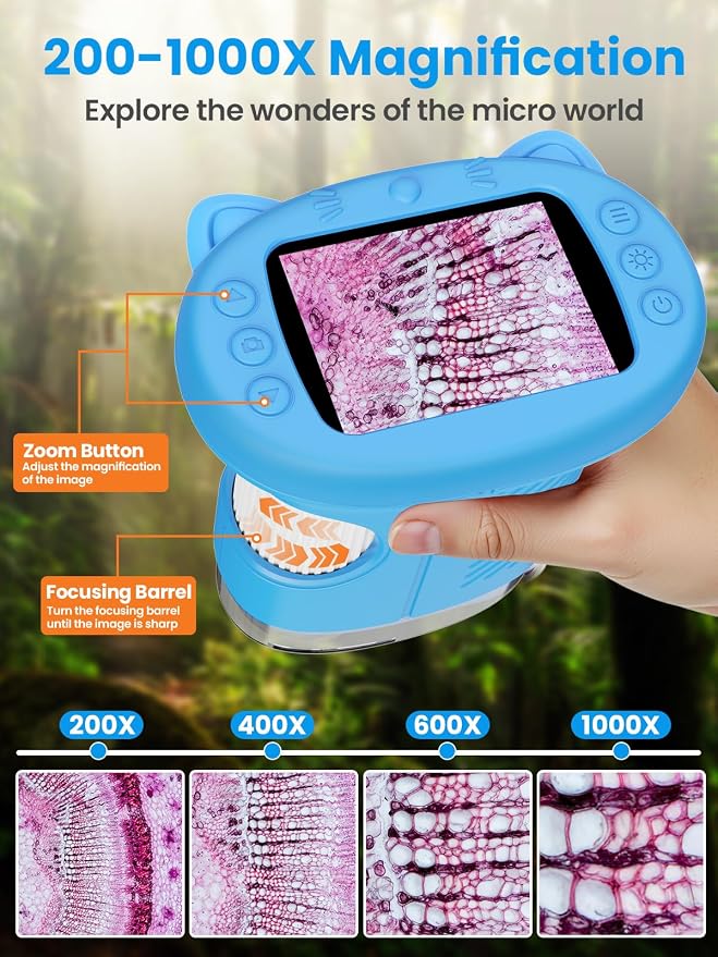 Microscope for Kids, 2.4 Inch Digital Microscope with 1000X Magnification, Handheld Camera Mini Pocket Magnifying Glass, Educational Birthday Gifts Toys for Ages 3+, Blue