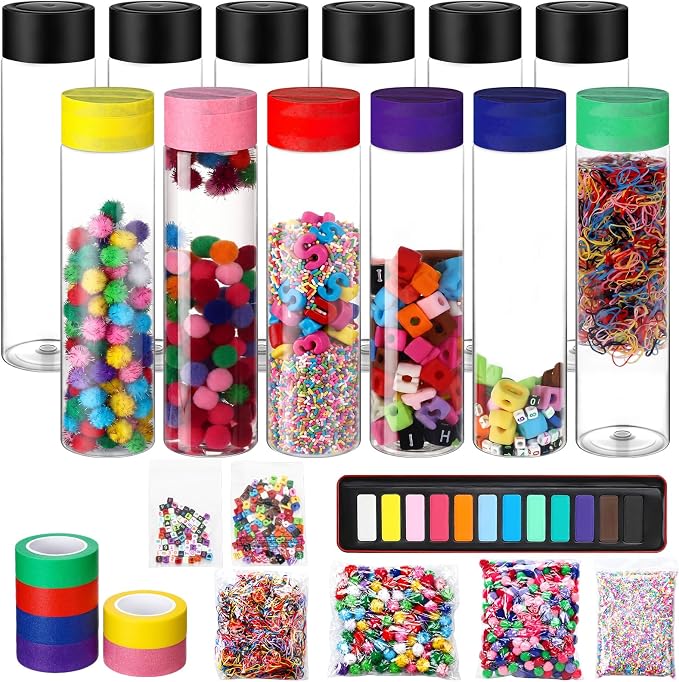 FoldTier 12 Set Letter Number Sensory Bottles, Plastic Clear Calming Kit | 13.5 oz Bottle, Pom-pom Balls, Alphabet and Number Decor, Clay, Rainbow Tape, Calm Down Jar Filler for Back to School