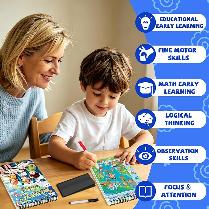 Elfew 2 Pack Reusable Wipe Clean Travel Game Activity Books for Kids 8-12 | 11 in 1 Types of Games, Reusable, PET Lamination, Spiral Binding, Portable, Designed for Travel, Tear Resistant,