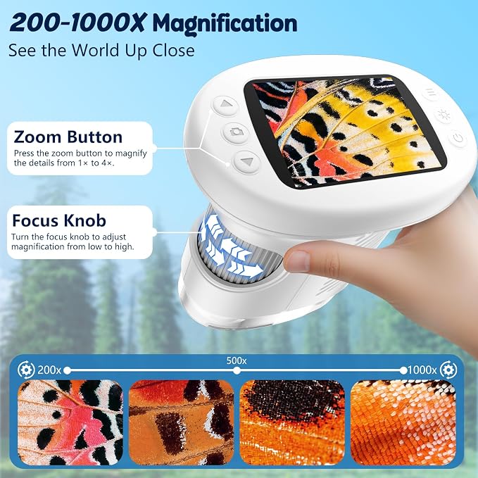 Odatay 4K 1000X Digital Microscope for Kids with 32G Card, Long Distance Viewing & 2.4" Screen Portable Handheld Edu Toys for Age 3-12 Exploring Bugs Plants at Home Classroom & Outdoor Travel, White