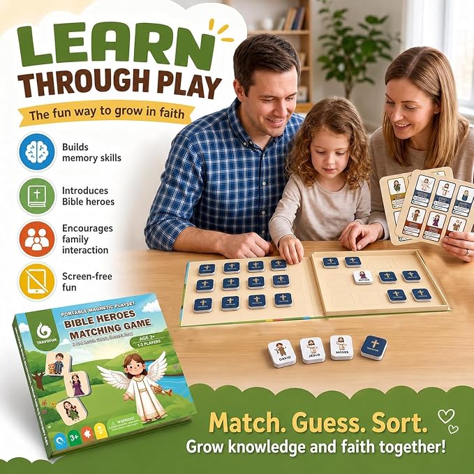 Travofun Magnetic Bible Matching Game, Memory & Clue Cards, Ages 4-8 | Magnetic memory matching with Bible character clue cards for church, Sunday school, family learning and travel.