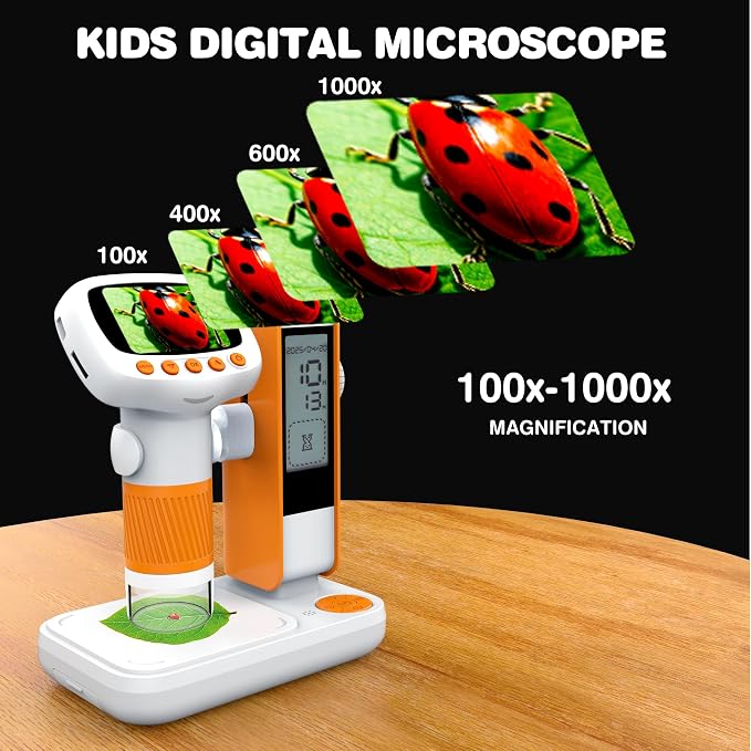 Microscope for Kids,1000X Portable Handheld Microscopes w/Base Stand, 2" HD Screen Pocket Microscope USB Support Camera and PC Video, Digital Microscopes for Kid, Christmas Birthday Gifts