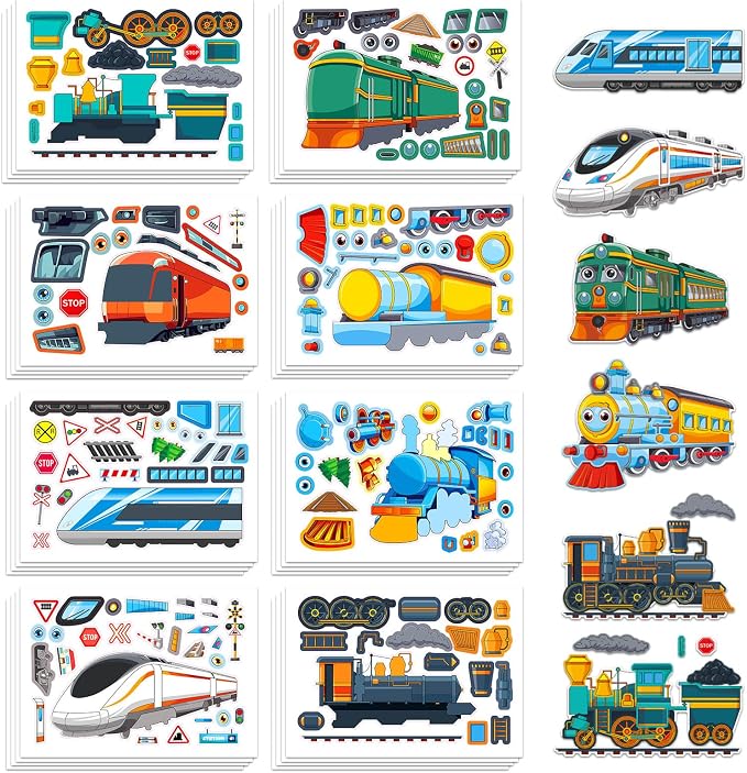 Aowplc Train Stickers for Kids – 32 Sheets Make-a-Train Mix & Match Kit – Fun Party Favors & Activities