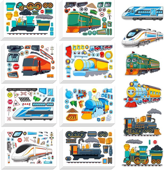 Aowplc Train Stickers for Kids – 32 Sheets Make-a-Train Mix & Match Kit – Fun Party Favors & Activities