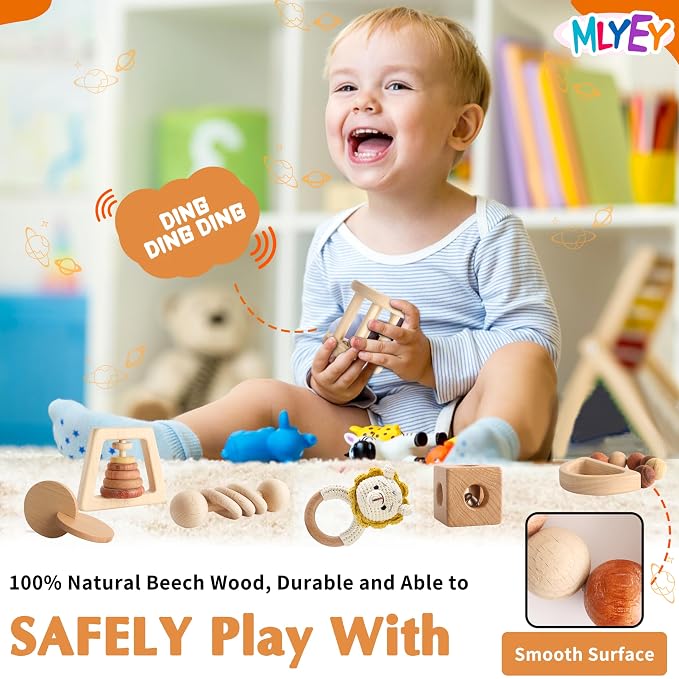 Wooden Montessori Toys 7PCS Wooden Baby Toy for Babies 12-36 Months, Natural Wood Rattle Toy Set with Crochet Lion Rattle, Gift for Infant Boys Girls