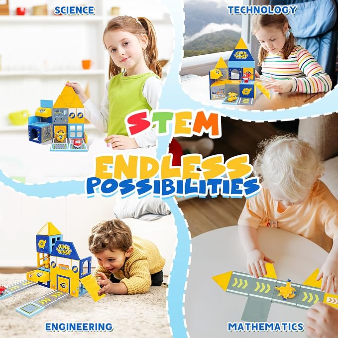 Magnetic Tiles for Kids Ages 3-8, 2-in-1 Travel Magnetic Building Blocks with Jett & Donnie Transforming Toys, STEM Educational Construction Set, Creative Learning Magnet Tiles Toy for Boys Girls
