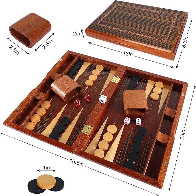 Offelec Wooden Backgammon Set for Kids, 13 Inches Backgammon Board Game Set with 32 Backgammon Pieces, 5 Dice & 2 Cups - Classic Strategy Game for Kids Adults and Family