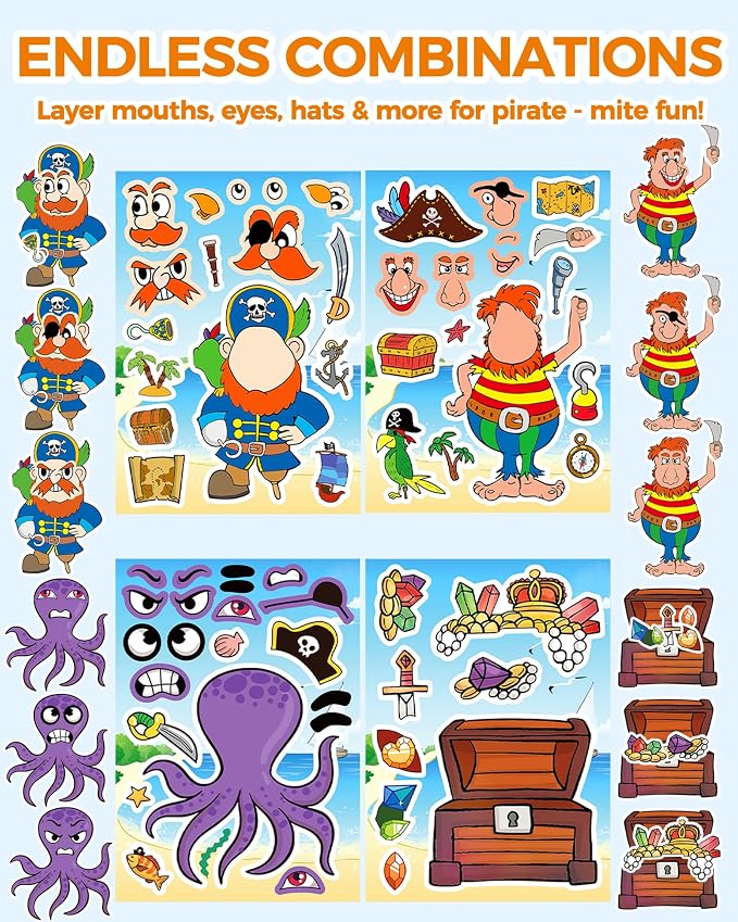 Aowplc 32 Make Your Own Pirate Sticker Sheets for Kids | Pirate Party Favors, Birthday Decorations & Mix 'n Match Crafts
